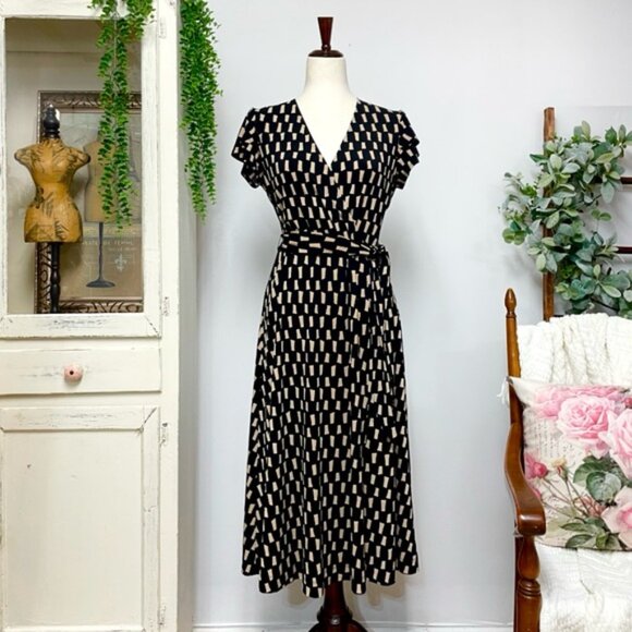 Joseph Ribkoff Wrap Front Jersey Midi Dress Black Beige Size 10 Style 222202 - Picture 3 of 16